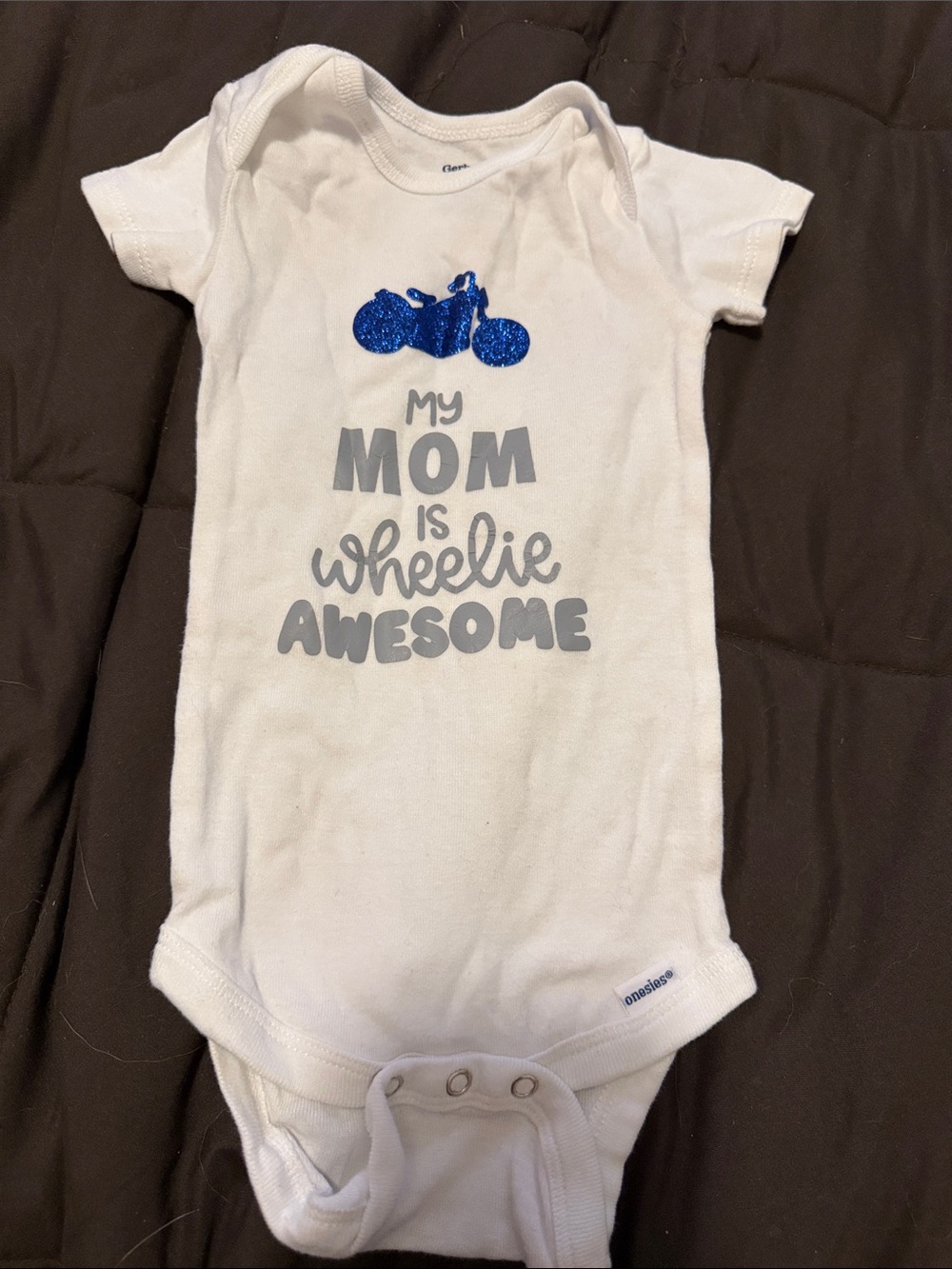 White Baby Onesie with Blue Glitter Motorcycle Graphic